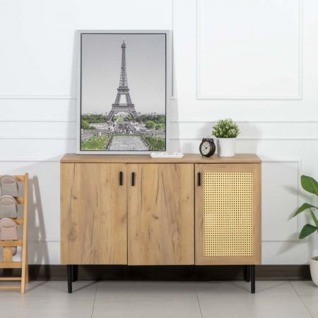 Mobiletto portaoggetti a 3 strati con pannello porta cavo in rattan - Mobiletto portaoggetti a 3 strati con pannello porta cavo in rattan